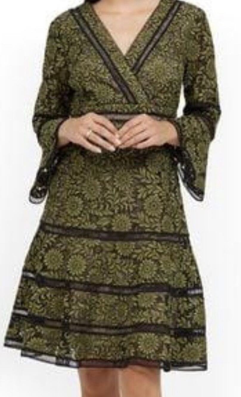 Focus by Shani Surplice Fit & Flare Lace Dress Olive Green Floral Sz 10 NWT